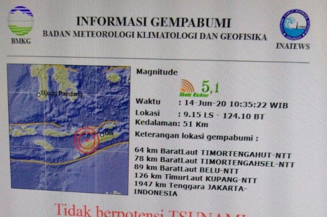 Gempa 5.1 SR Guncang Timor Tengah Utara
