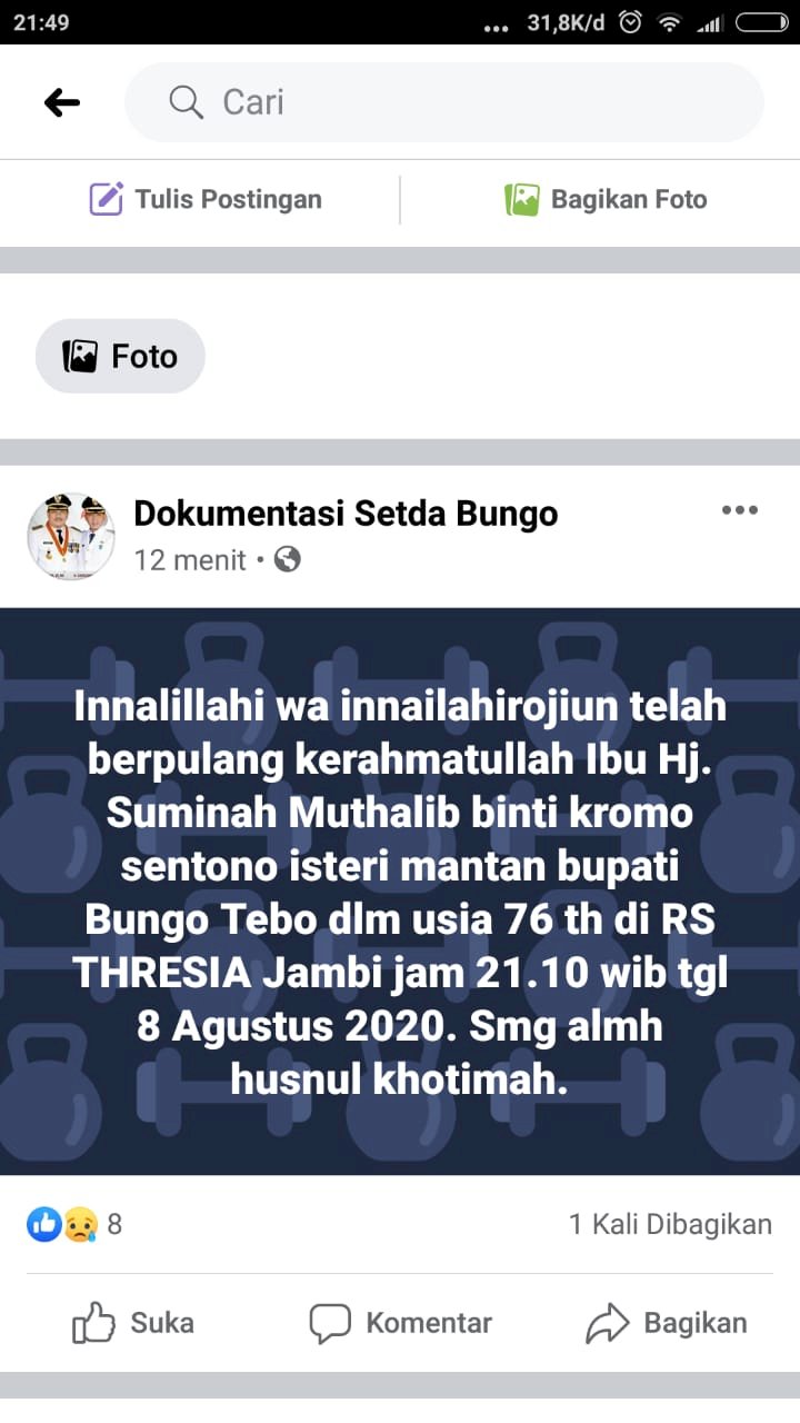 Kabar Duka, Istri Mantan Bupati Bungo Tebo Meninggal Dunia