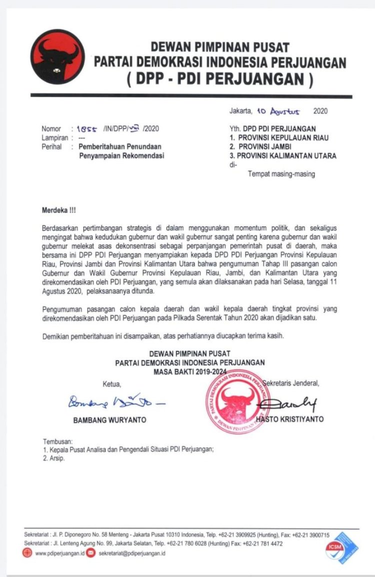 Rekomendasi PDIP untuk Calon Gubernur dan Wakil Gubernur Jambi Ditunda, Ini Alasannya