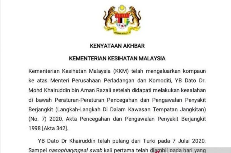 Langgar Karantina, Menteri Perladangan Malaysia Didenda Rp3,5 Juta