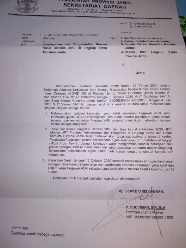 Satu ASN Positif Corona, Kantor Gubernur Jambi Tutup