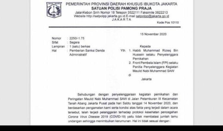 Dua Pergub Dilanggar, Habib Rizieq Didenda Rp50 Juta