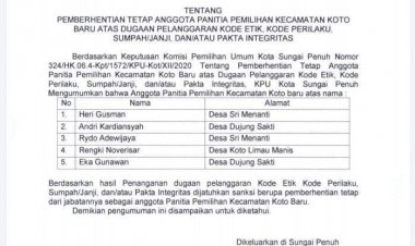 Kasus Penggelembungan Suara di Sungai Penuh, 5 PPK Koto Baru Diberhentikan
