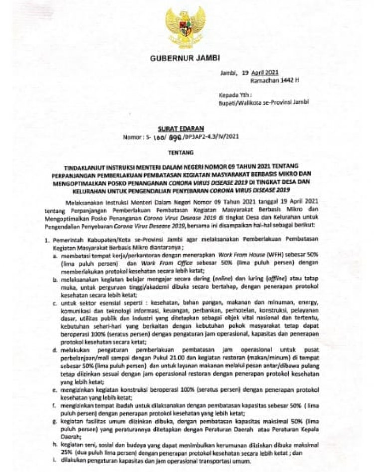 Gercep, Pj Gubernur Jambi Surati Bupati/Walikota Mendukung Instruksi Mendagri Tentang PPKM Berskala Mikro