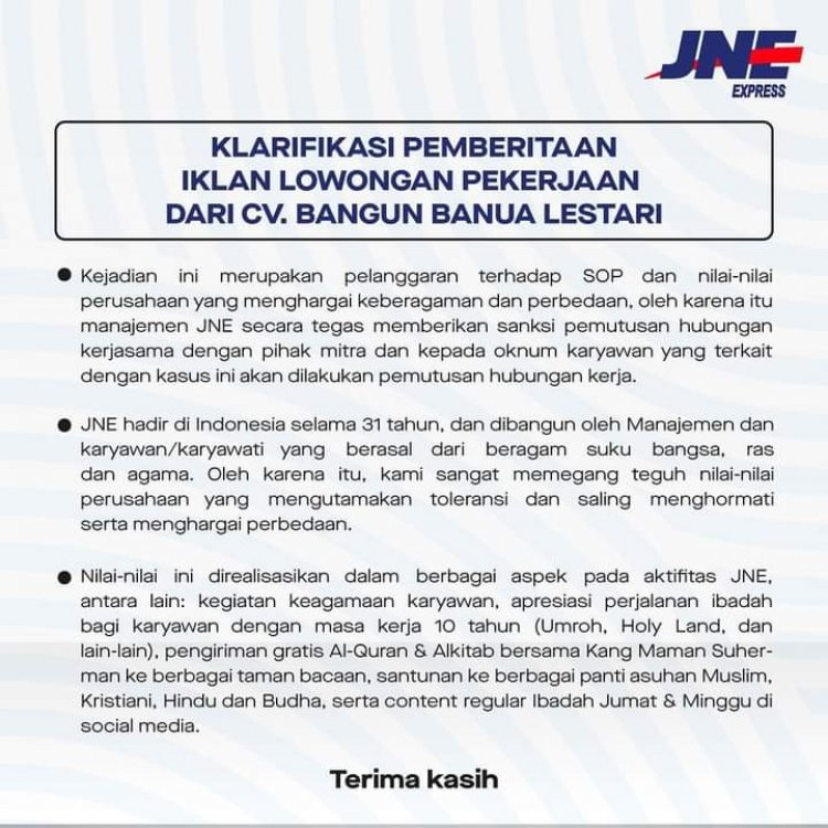Heboh! Iklan Lowongan Kerja JNE Wajib Agama Islam & Tagar Boikot, Begini Klarifikasi Manajemen