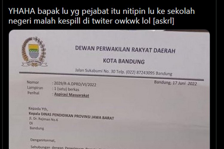 HEBOH! Postingan Foto Surat Anggota DPRD Kota Bandung 'Titip' Siswa ke Disdik Jabar