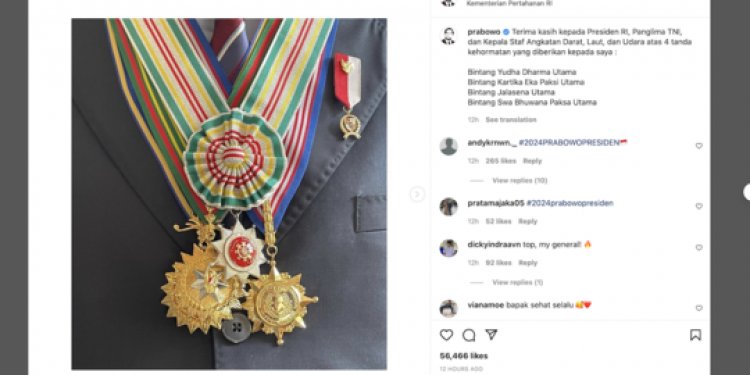 Rekor Raih 4 Bintang Kehormatan, Prabowo: Terima Kasih Presiden RI dan TNI