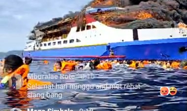 Breaking News!! KM Barcelona 5 Terbakar di Perairan Pulau Talise, Penumpang Panik Lompat ke Laut