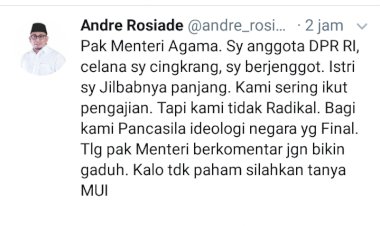 Cuitan Andre Rosiade: Pak Menag Saya Anggota DPR RI Celana Cingkrang, Tapi Kami Tidak Radikal