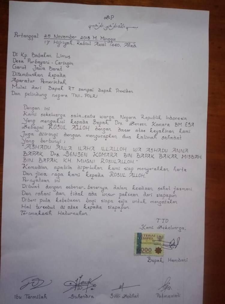 Heboh! Isi Surat Ini Akui Sensen Komara Rasul Allah