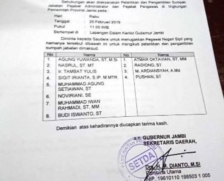 Ini Daftar Lengkap 12 Pejabat PUPR Provinsi Jambi yang Ikut Dilantik
