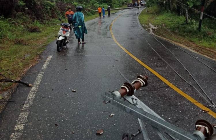 Dua Tiang Listrik Roboh Jalan Nasional Bangko-Kerinci Sempat Lumpuh