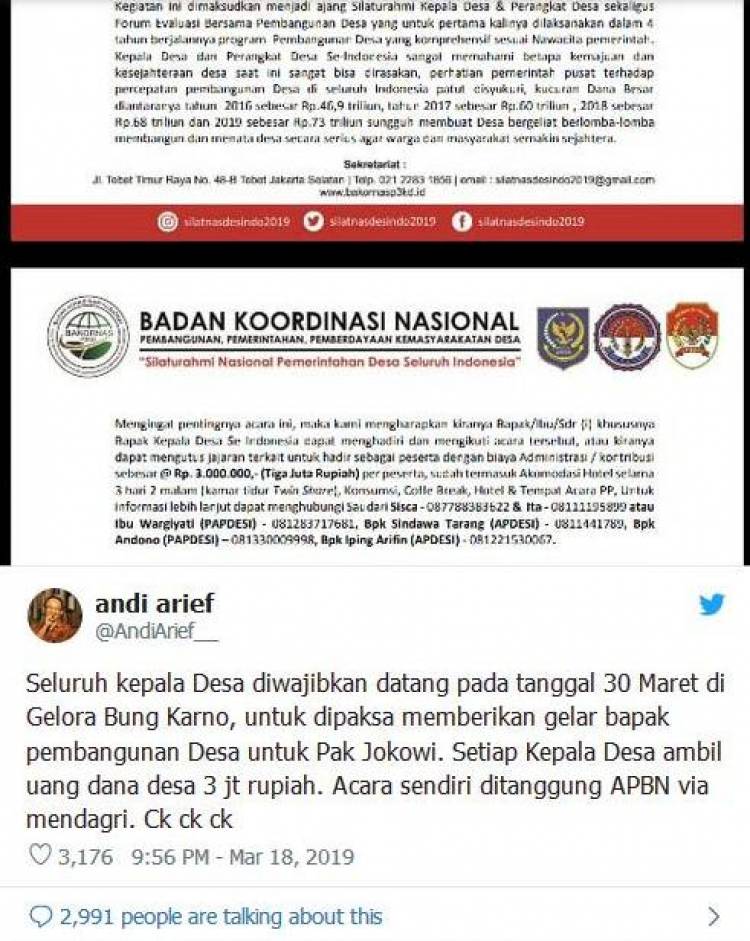 Di Twitter, Andi Arief Sebut Seluruh Kepala Desa Dipaksa Beri Gelar untuk Jokowi