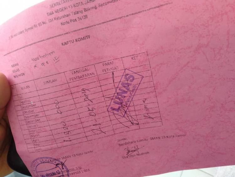 SMA N 13 Kota Jambi Pungut Uang Komite Rp1,3 Juta Per Tahun