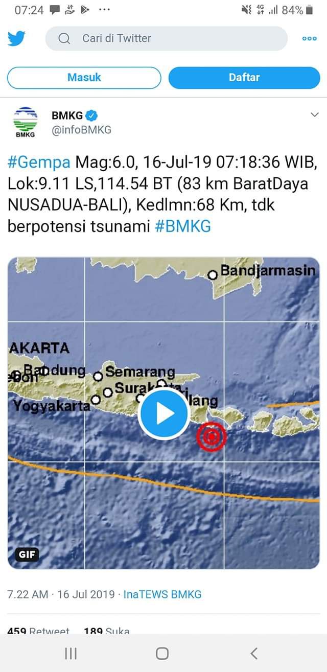 Tujuh Kali Gempa Susulan Terjadi di Jembrana Bali