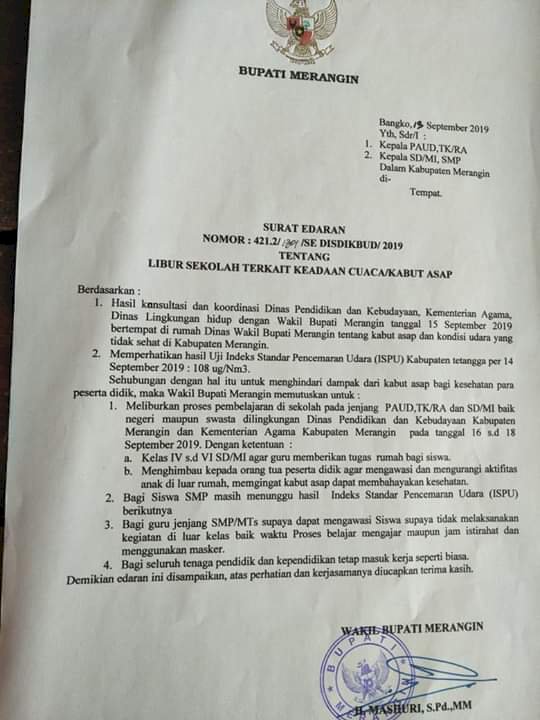 Kabut Asap Semakin Pekat, Bupati Merangin Liburkan Siswa TK & SD