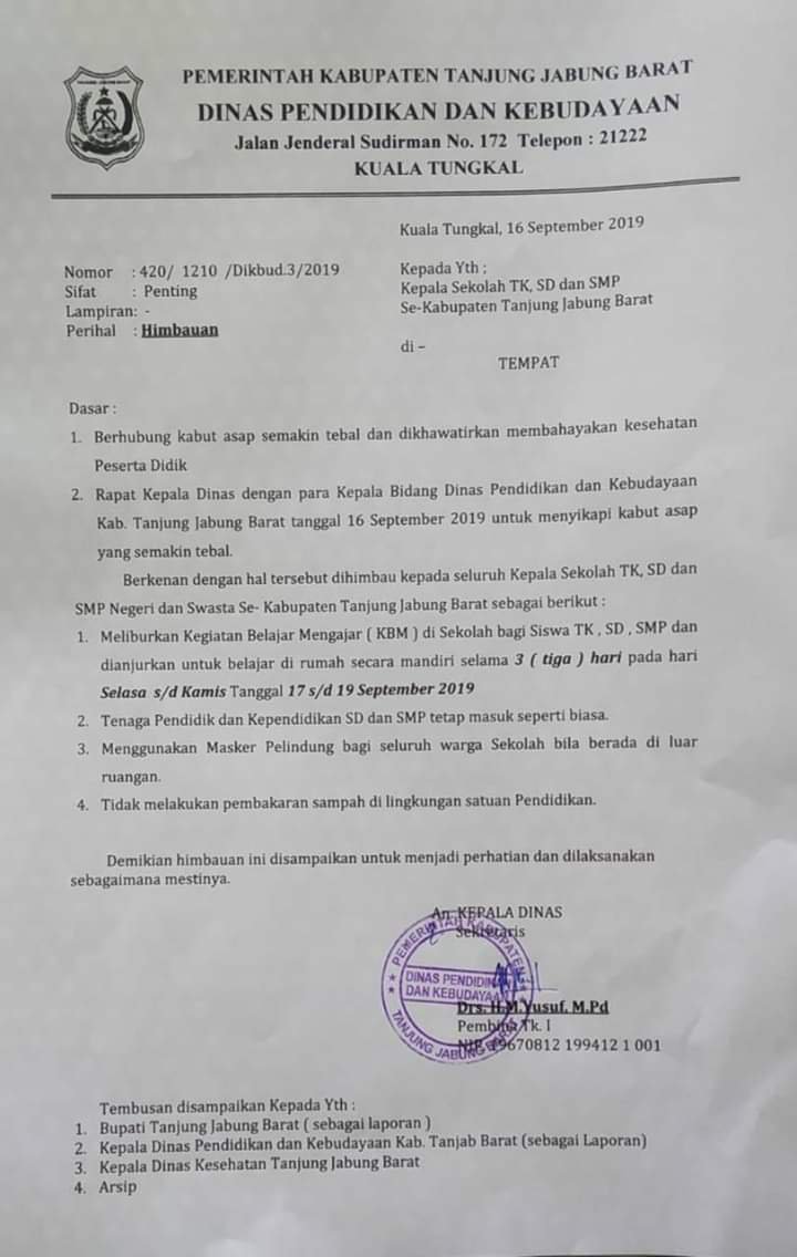 Udara Tidak Sehat, Disdikbud Tanjabbar Liburkan Siswa TK Hingga SMP Selama 3 Hari