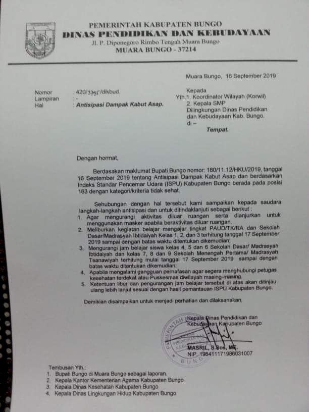 Akhirnya Dinas PdK Bungo Liburkan Siswa TK Hingga SMP