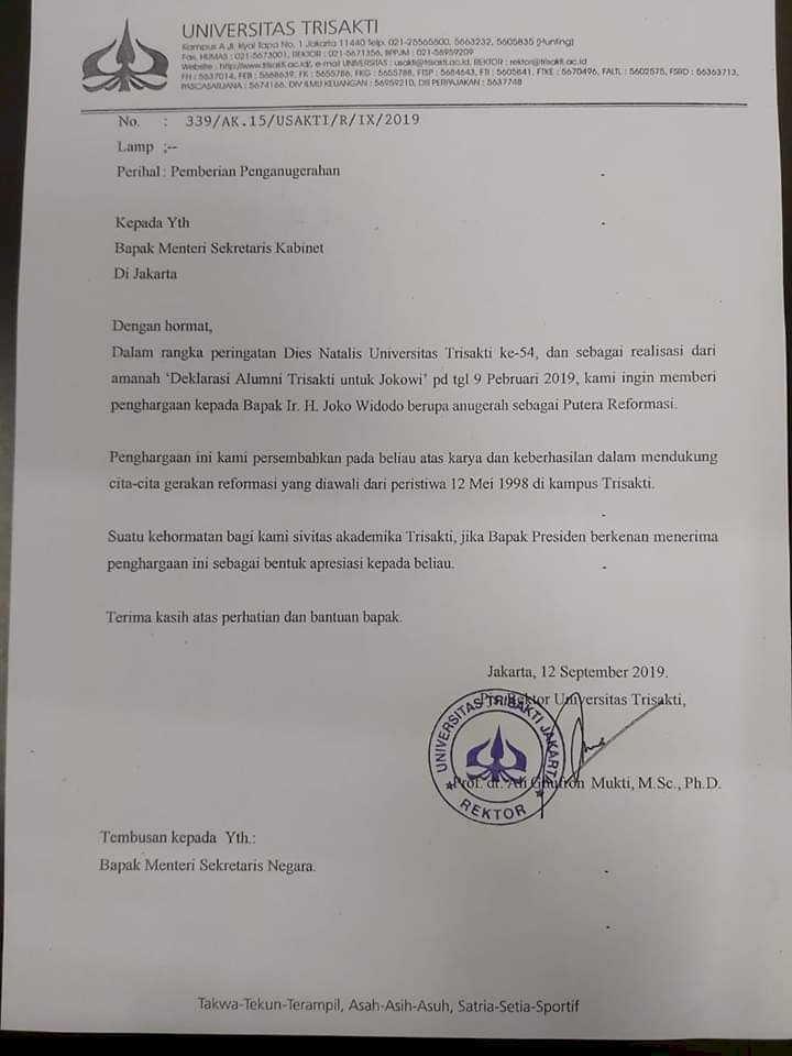 Ramai di Medsos! Surat Trisakti akan Beri Jokowi Gelar Putera Reformasi