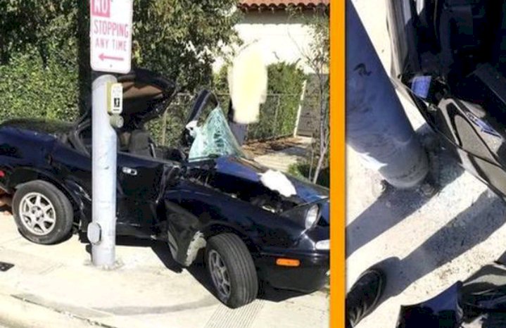 SIM Baru Jadi, Remaja Ini Tabrak Mobilnya ke Tiang Listrik