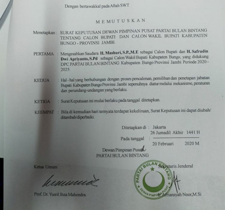 Pilkada Bungo, Partai Yusril Ihza Mahendra Berikan Dukungan ke Hamas-Apri