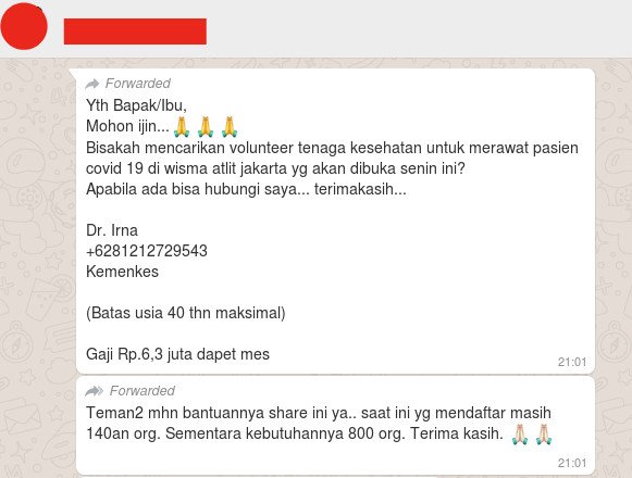 Viral! Rekrutmen Volunteer Penanganan Pasien Covid-19 Via Dokter Irna dari Kemenkes Ternyata Hoaks